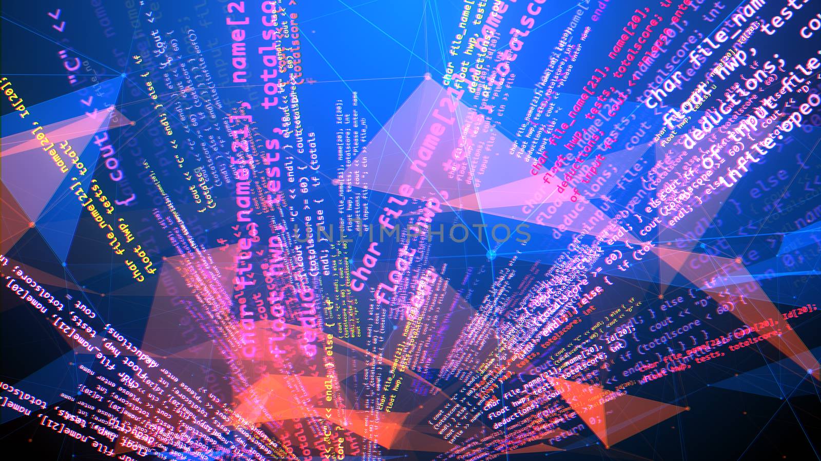 A futuristic 3d rendering of a chaotic coding program rotating like a set of broken triangular red surfaces with pink and white formulas and words in the light blue backdrop. 