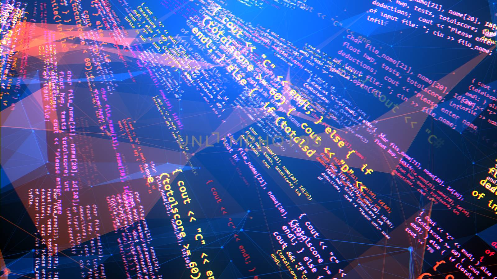 An arty 3d illustration of falling and slanting rays with coded messages in the white and pink colors full of numbers, letters, brackets and other signs in the blue backdrop. 