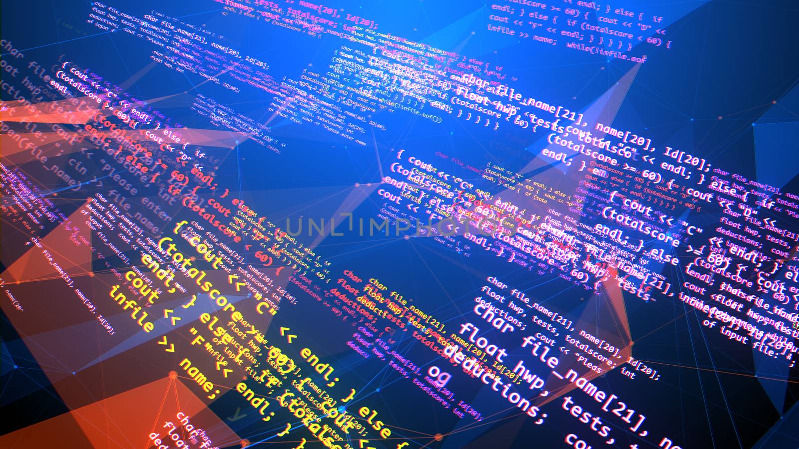 An amazing 3d illustration of shiny inclined rays with encrypted messages in the white, yellow and pink colors with letters and digits in the blue backdrop with triangles and squares. 