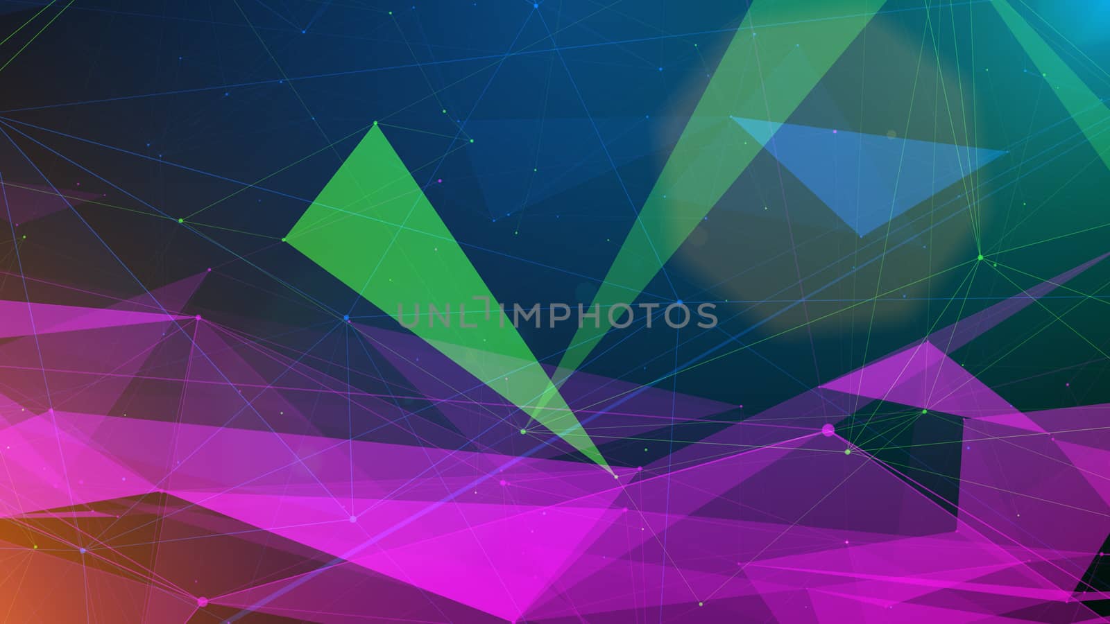 A modern art 3d illustration of green and violet surfaces covered with triangular, rectangular and hexagon transparent structures shining futuristically in the dark blue backdrop.