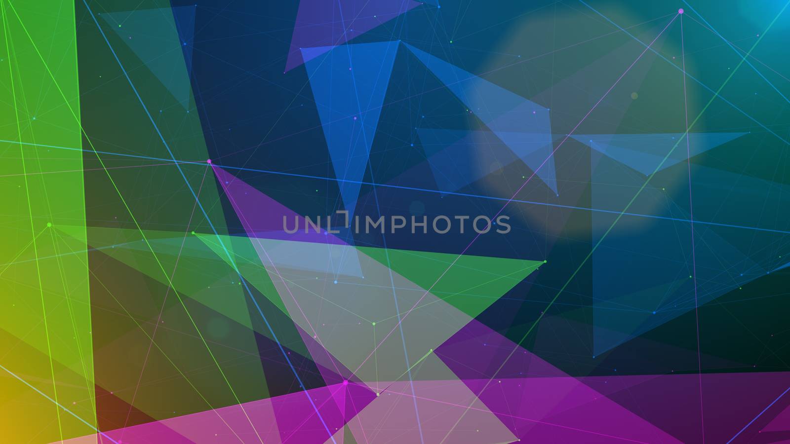 A futuristic 3d illustration of salad and violet pyramid figures covered with triangular surfaces shimmering mysteriously in the dark blue backdrop with star looking spots.