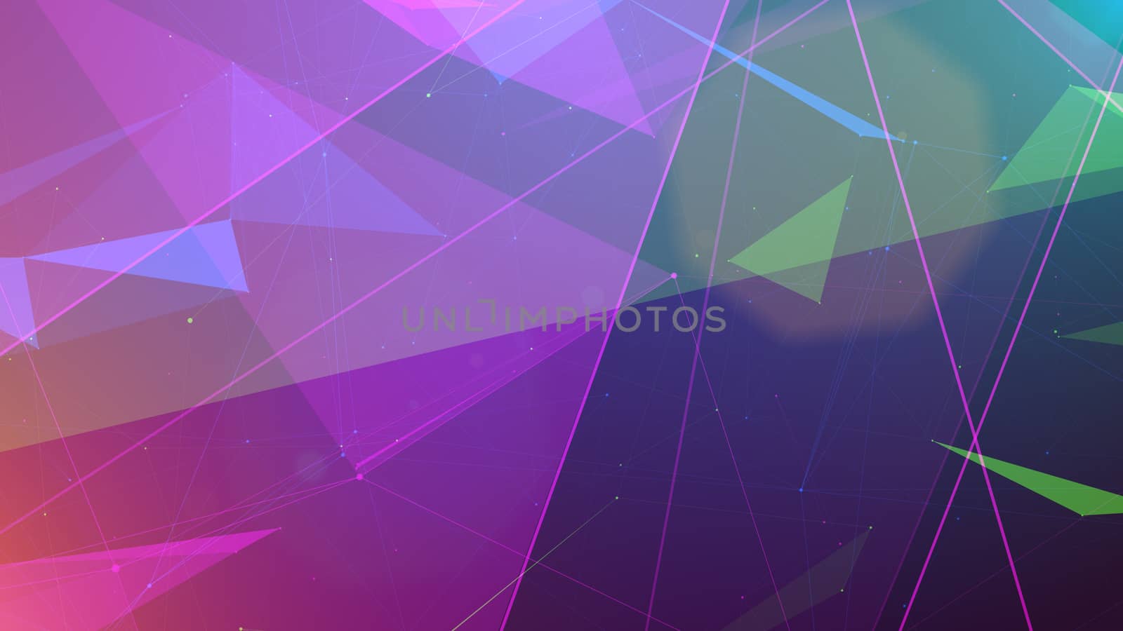 A striking 3d rendering of green and pink pyramid shapes covered with triangular surfaces shining enigmatically in the dark blue universe with star looking dots.