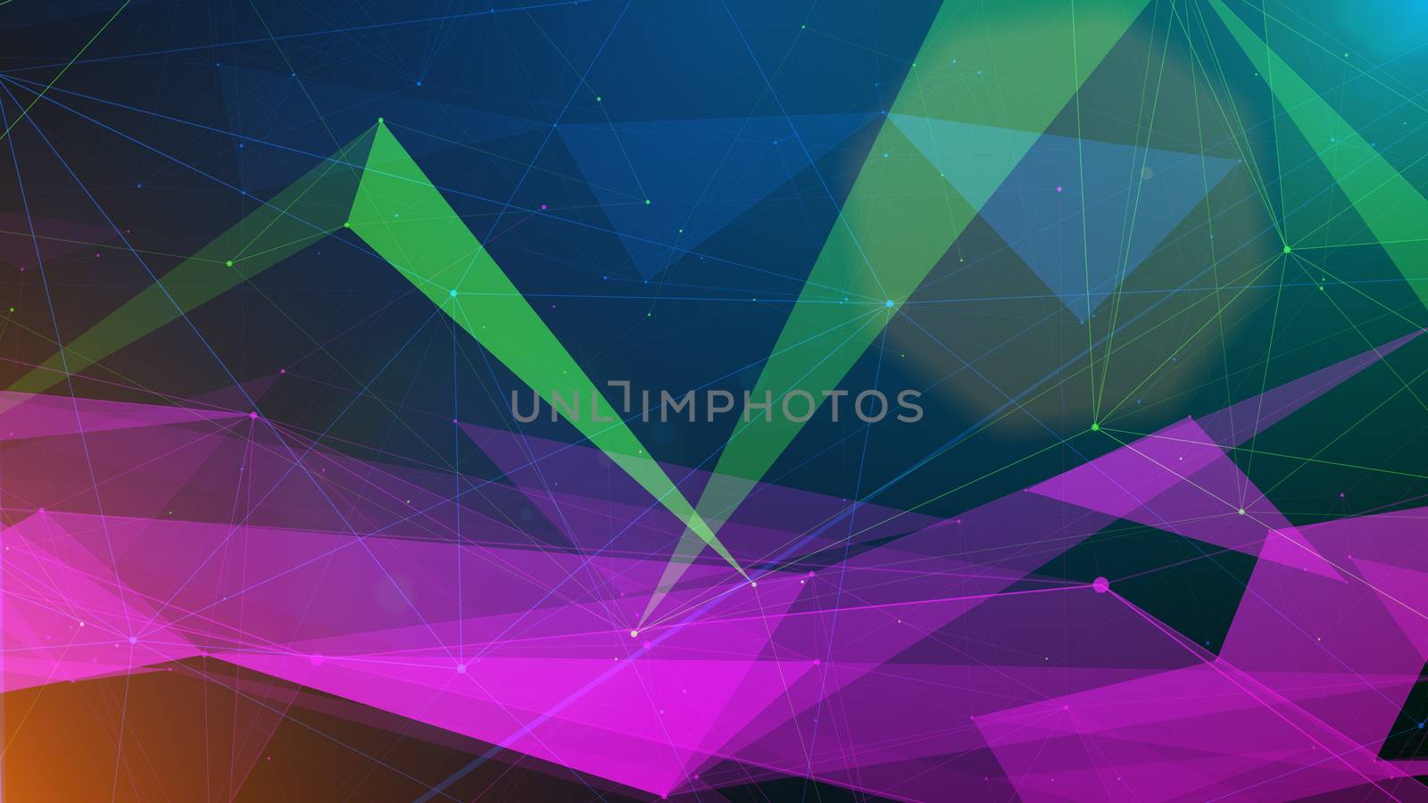 A cosmic 3d illustration of salad and violet polygonal shapes covered with sharp triangular areas shining futuristically in the dark blue universe with star looking spots.