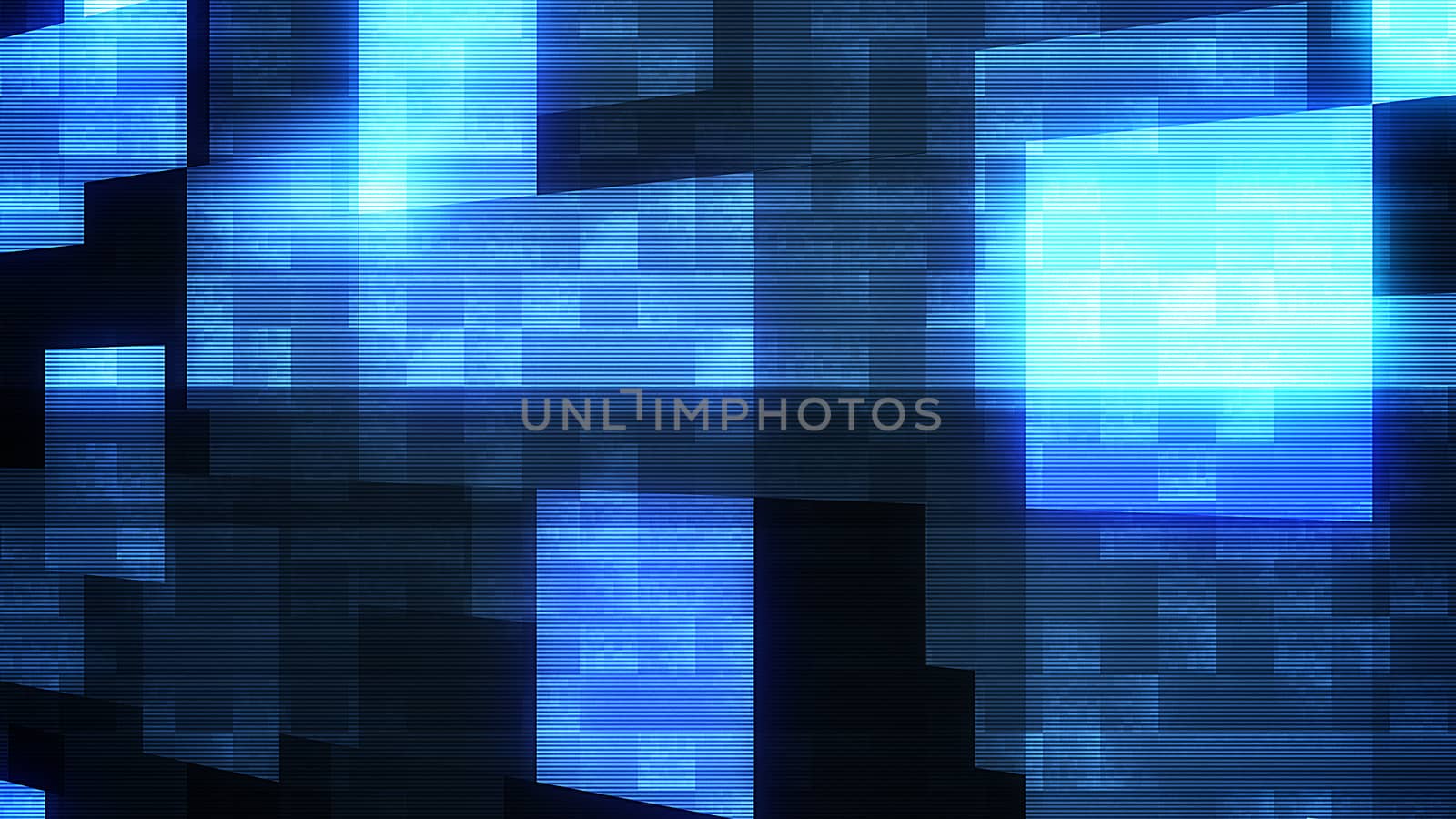 An encouraging 3d illustration of big brilliant blue and white squares in the black background located diagonally. The colors play in a cheerful way. It looks like medley. 