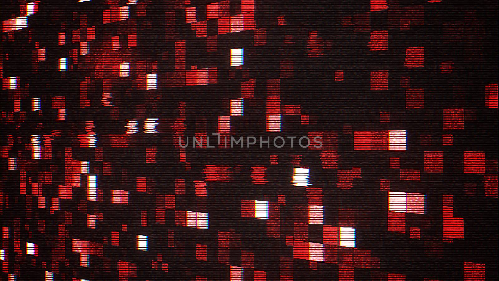 An exciting 3d illustration of small shining red, white and purple squares in the black background. They look like cheerful disco club illumination.