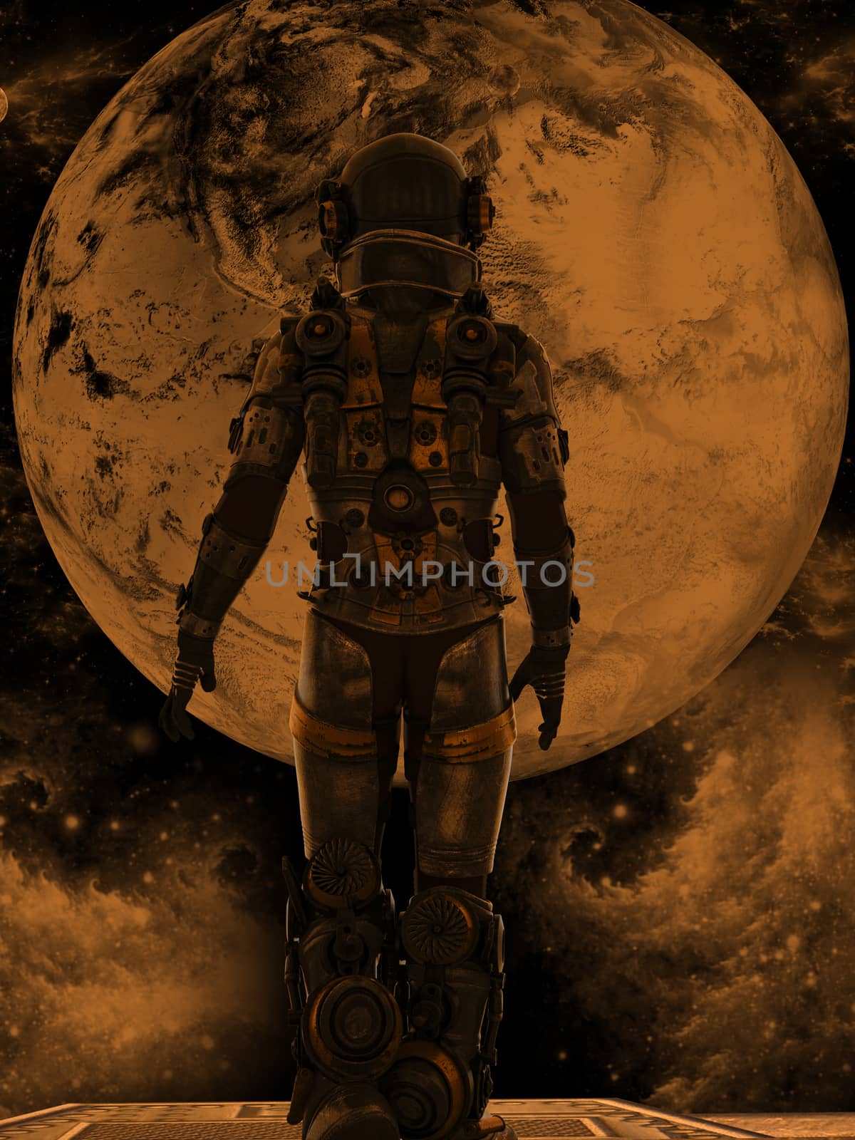 Space traveler looking a big planet in deep space - 3d rendering