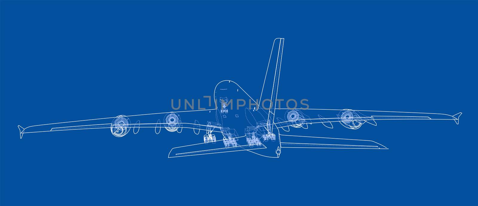 Passenger aircraft blueprint. 3d illustration. Wire-frame style