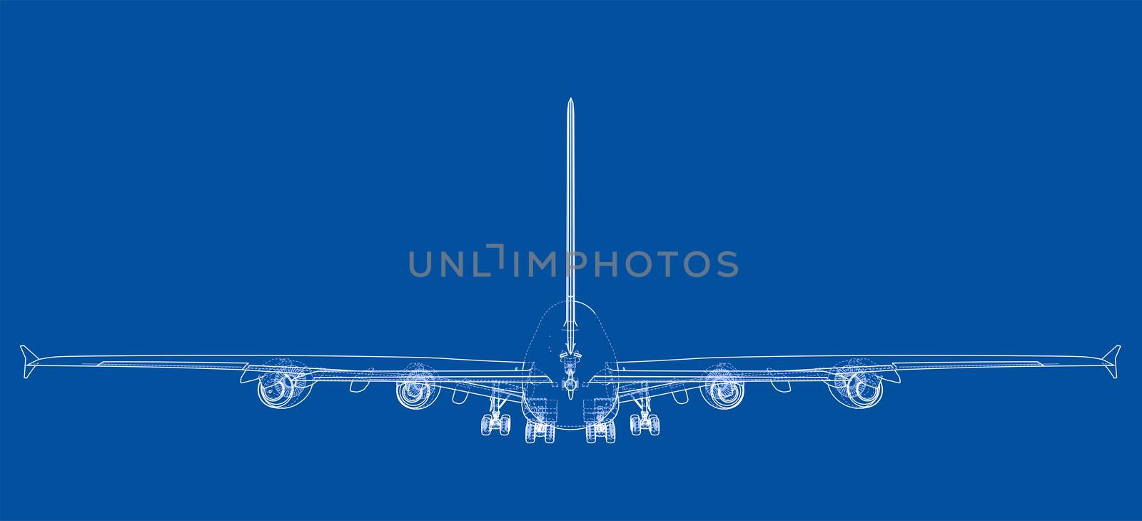 Passenger aircraft blueprint. 3d illustration. Wire-frame style