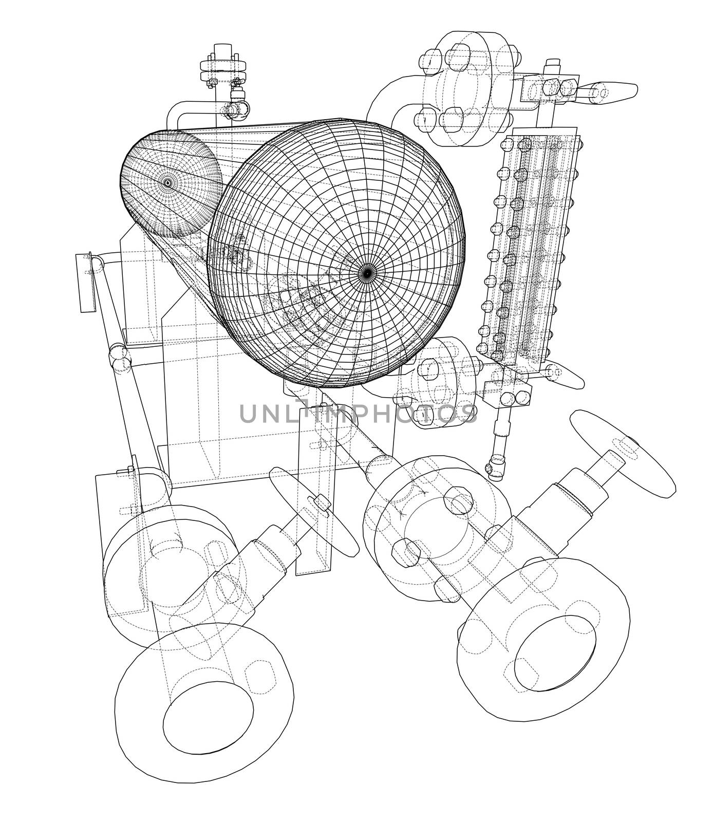 Wire-frame industrial equipment. 3d illustration. Sketch or outline