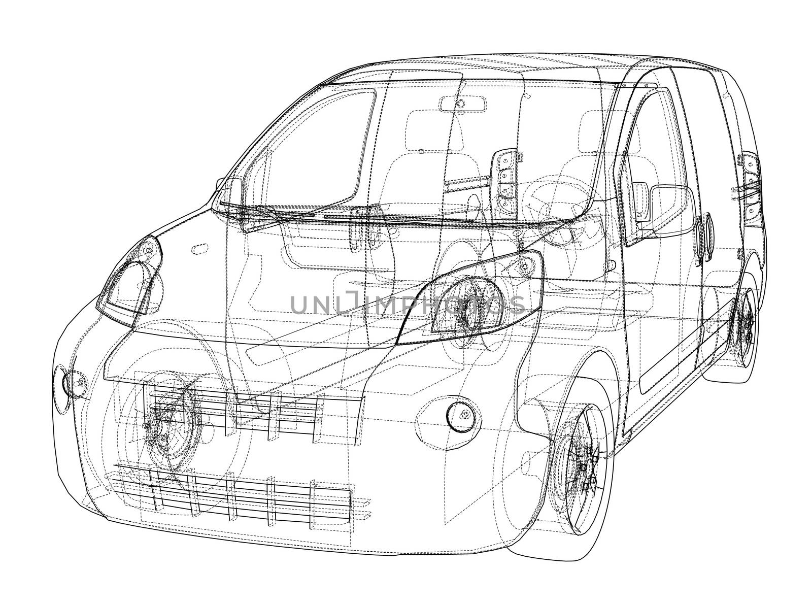 Concept car blueprint. 3d illustration. Wire-frame style