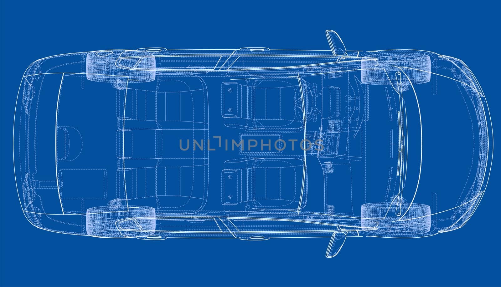 Concept car blueprint. 3d illustration. Wire-frame style