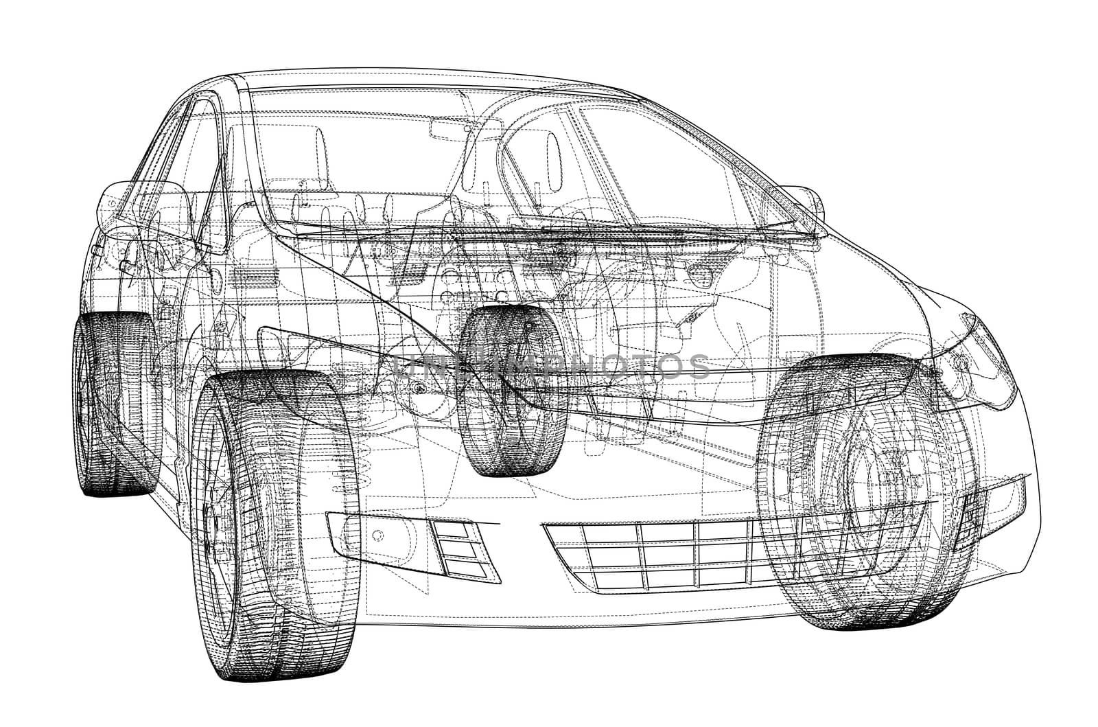 Concept car blueprint. 3d illustration. Wire-frame style