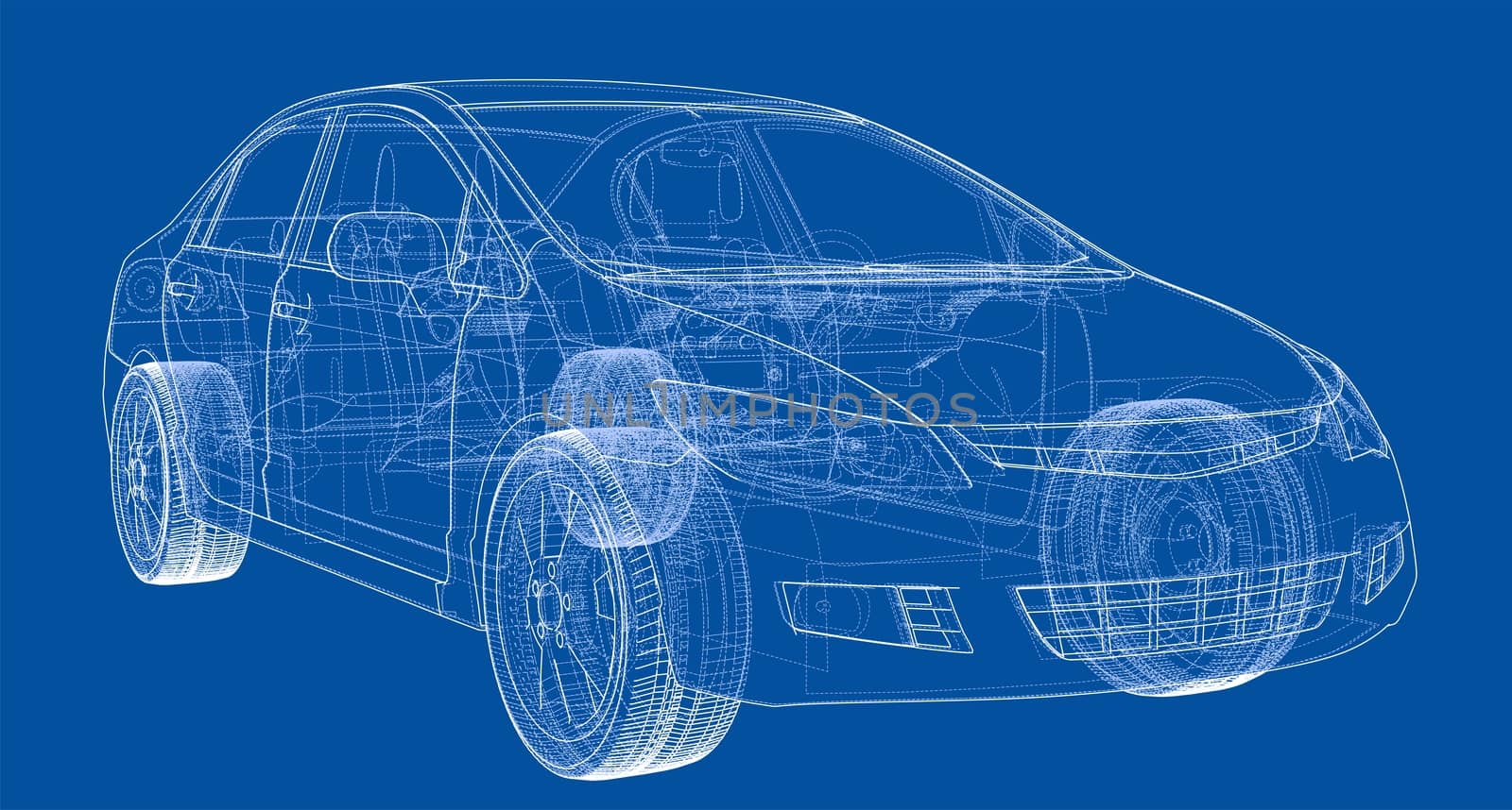 Concept car blueprint. 3d illustration. Wire-frame style