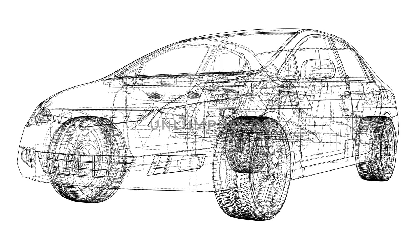 Concept car blueprint. 3d illustration. Wire-frame style