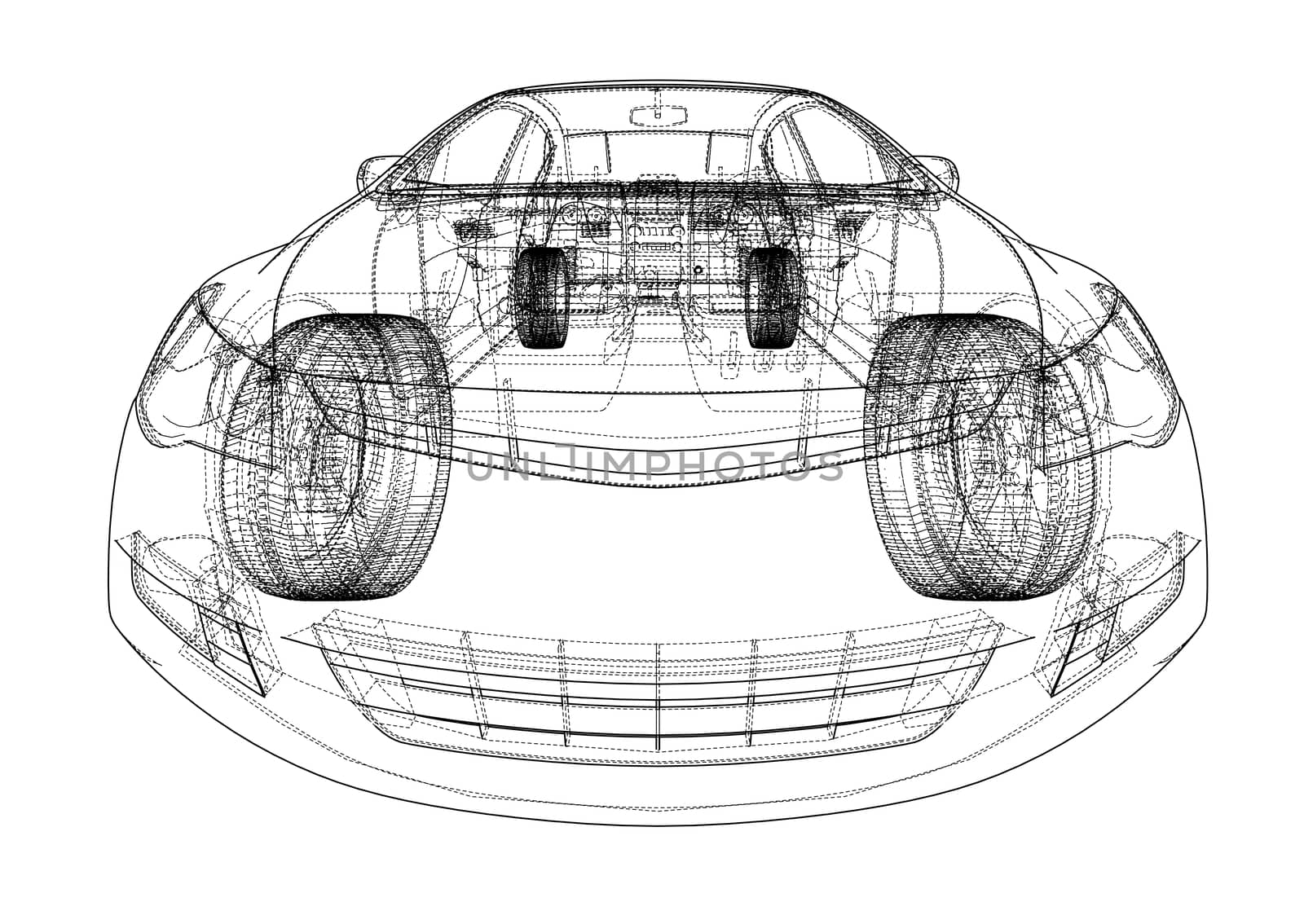 Concept car blueprint. 3d illustration. Wire-frame style