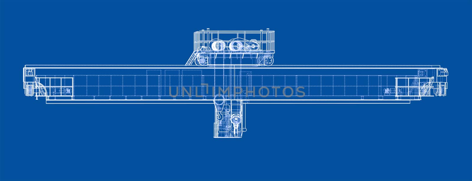 Overhead crane sketch. 3d illustration. Wire-frame styleseparated