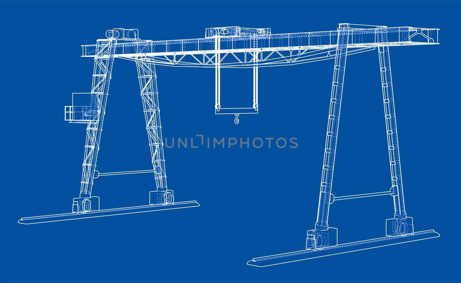 Gantry crane blueprint. Wire-frame style. 3d illustration