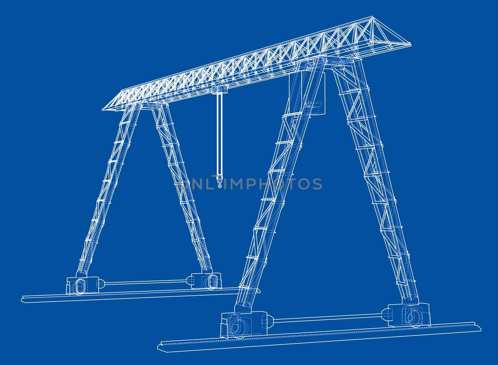 Gantry crane blueprint. Wire-frame style. 3d illustration