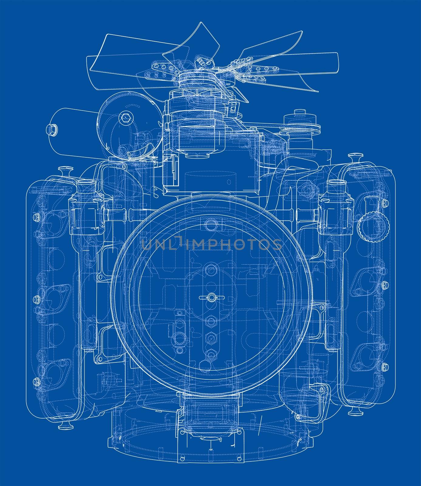 Engine sketch or blueprint. 3d illustration. Wire-frame style