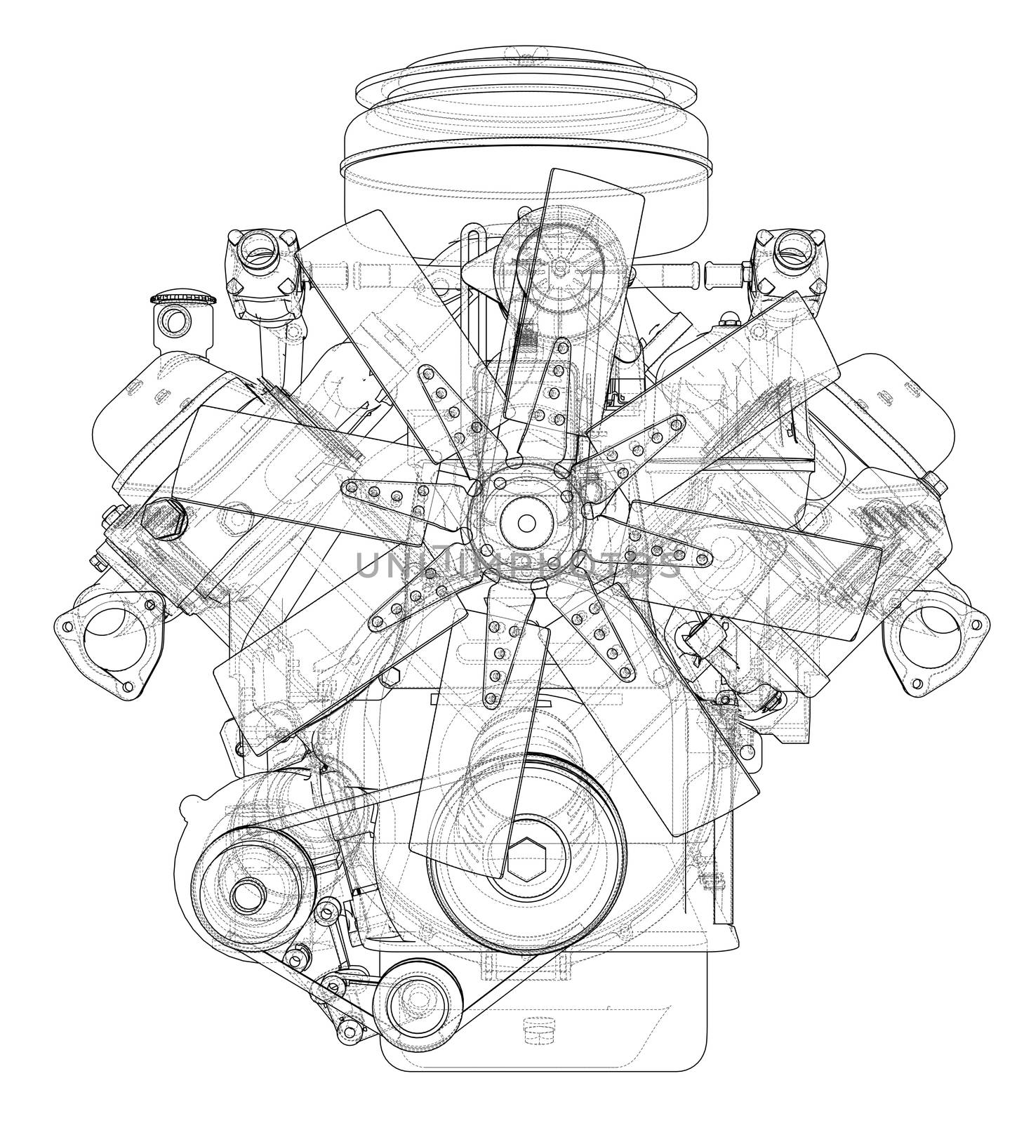 Engine sketch or blueprint. 3d illustration. Wire-frame style