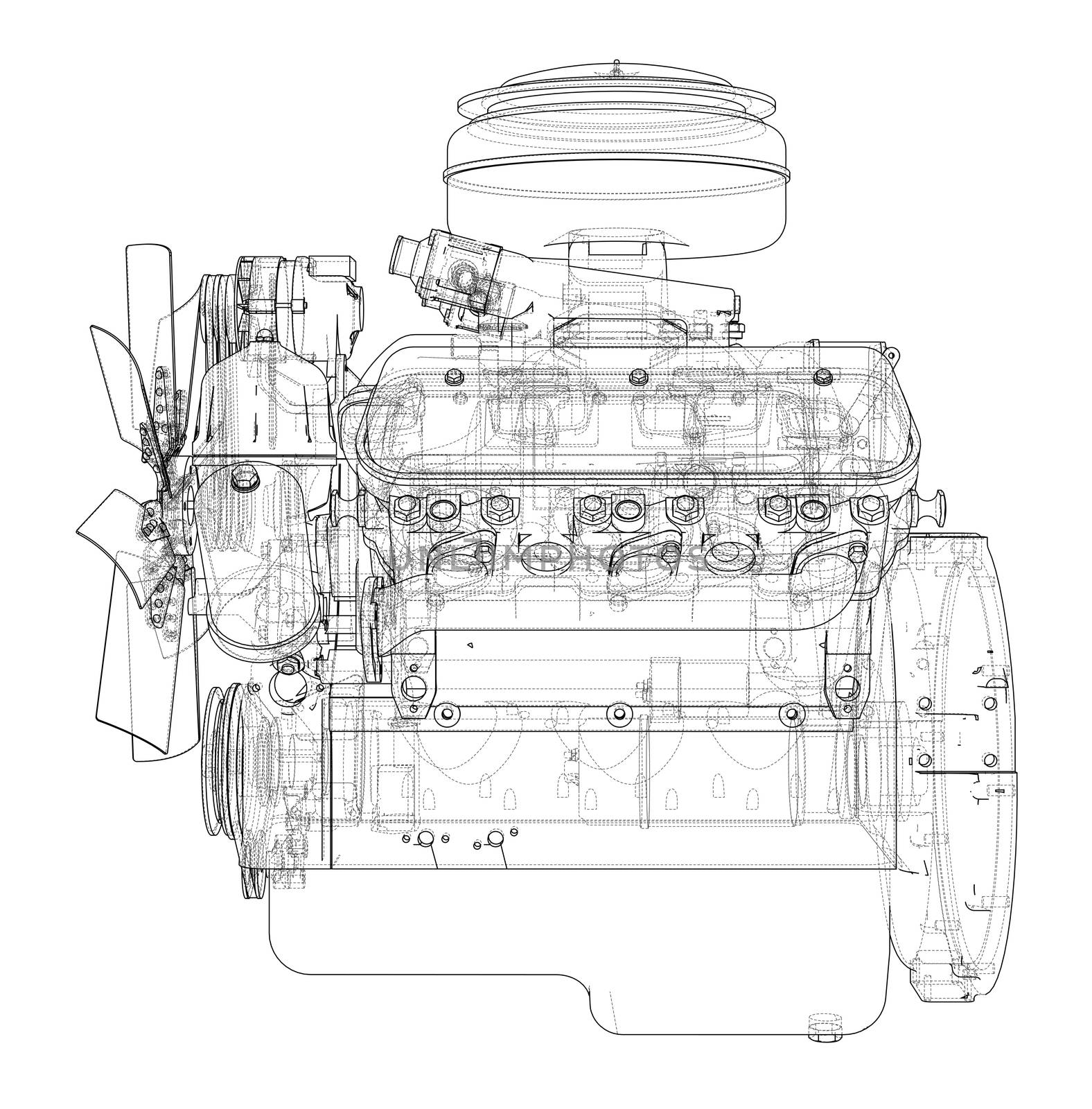 Engine sketch or blueprint. 3d illustration. Wire-frame style