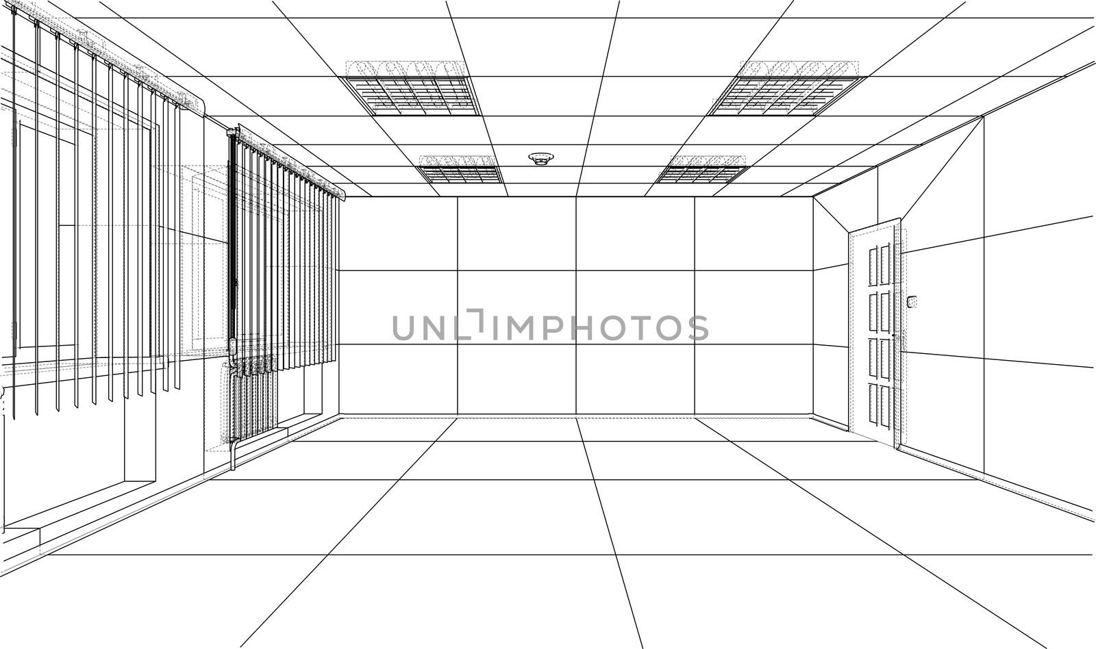 Interior sketch or blueprint. 3d illustration. Wire-frame style