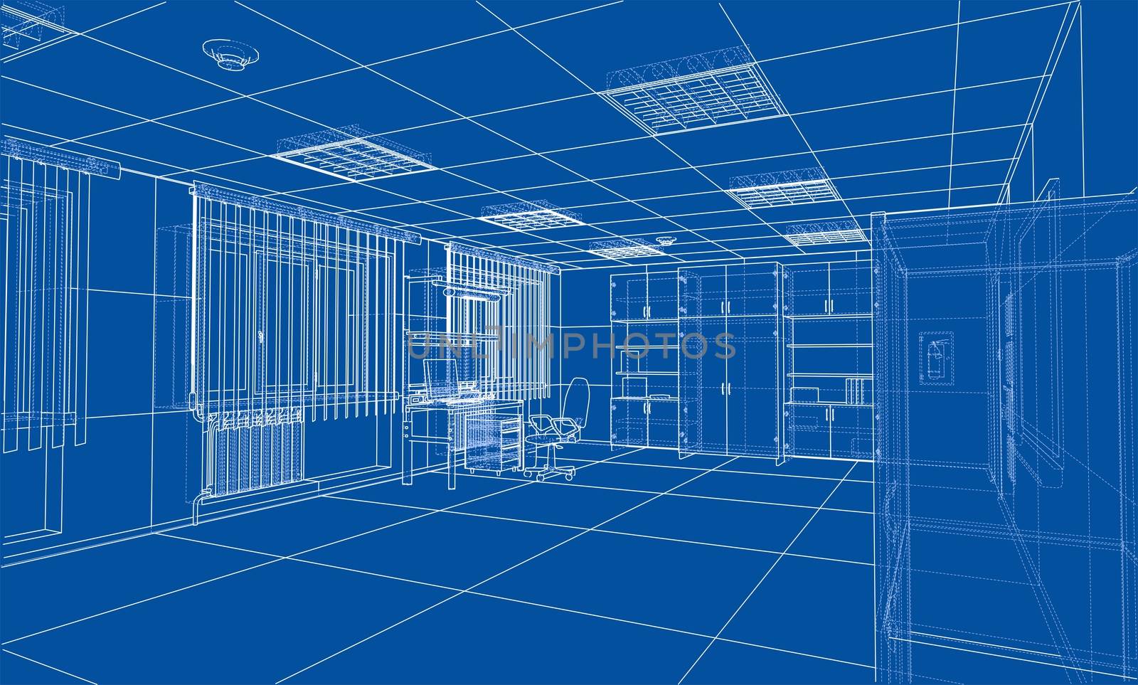 Interior sketch or blueprint. 3d illustration. Wire-frame style