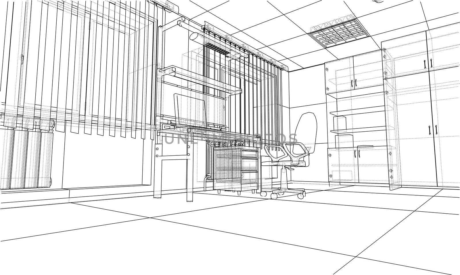 Interior sketch or blueprint. 3d illustration. Wire-frame style