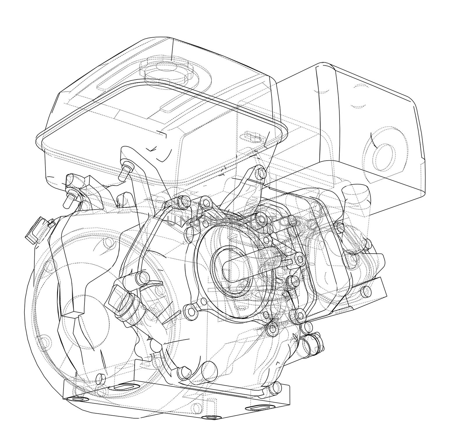 Engine sketch or blueprint. 3d illustration. Wire-frame style