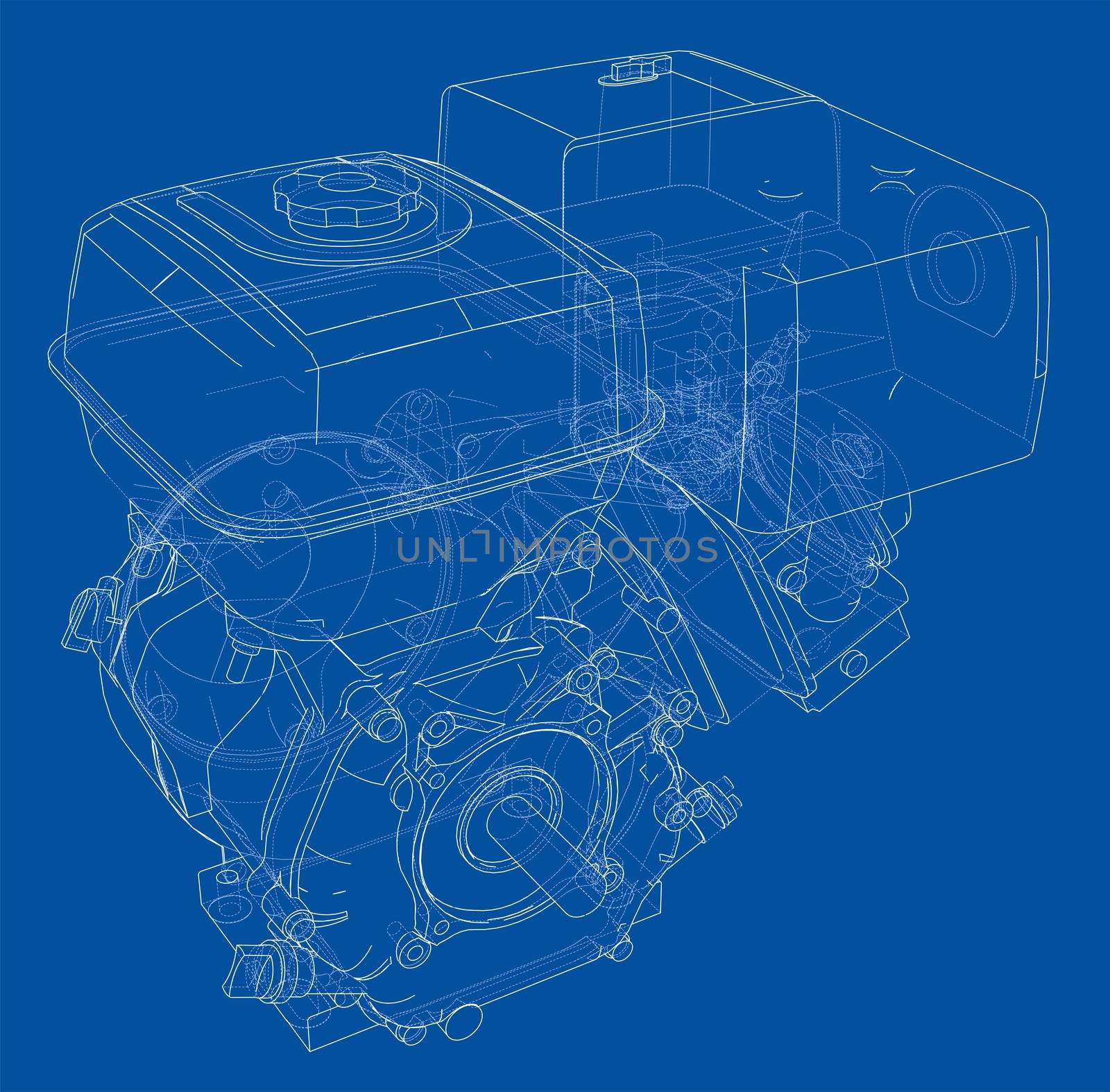 Engine sketch or blueprint. 3d illustration. Wire-frame style