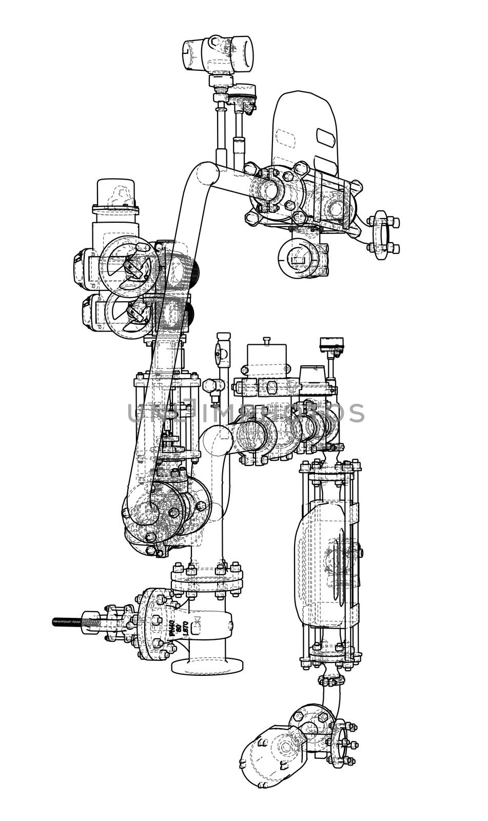 Sketch or blueprint industrial equipment. 3d illustration