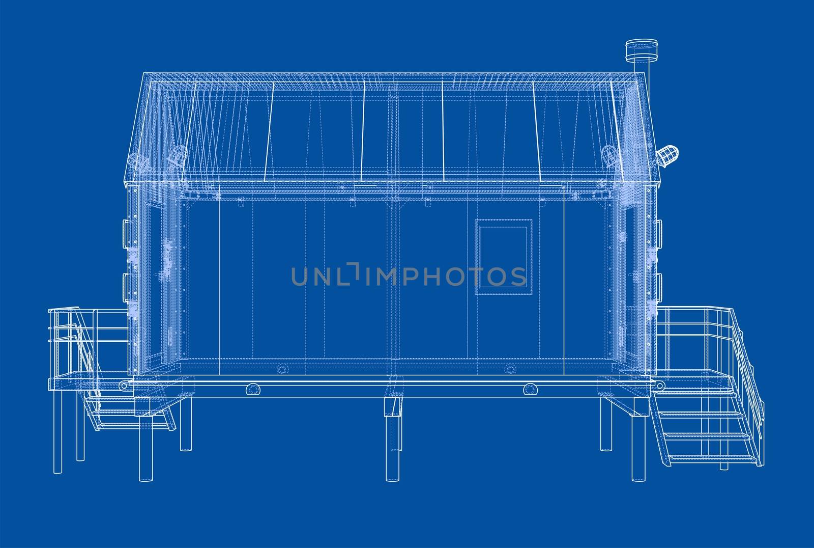 Wire-frame industrial building. 3d illustration. Wire-frame style