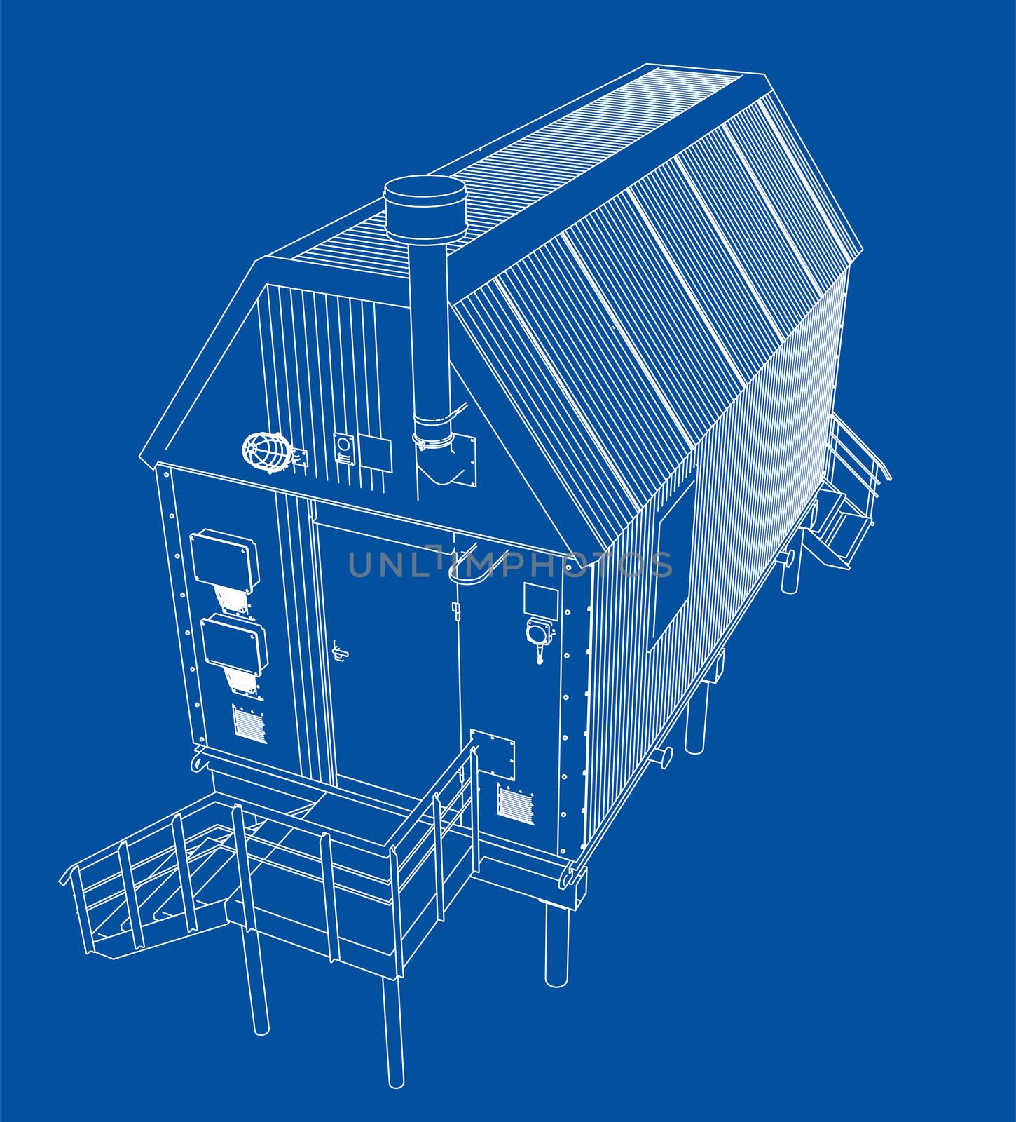 Wire-frame industrial building. 3d illustration. Wire-frame style