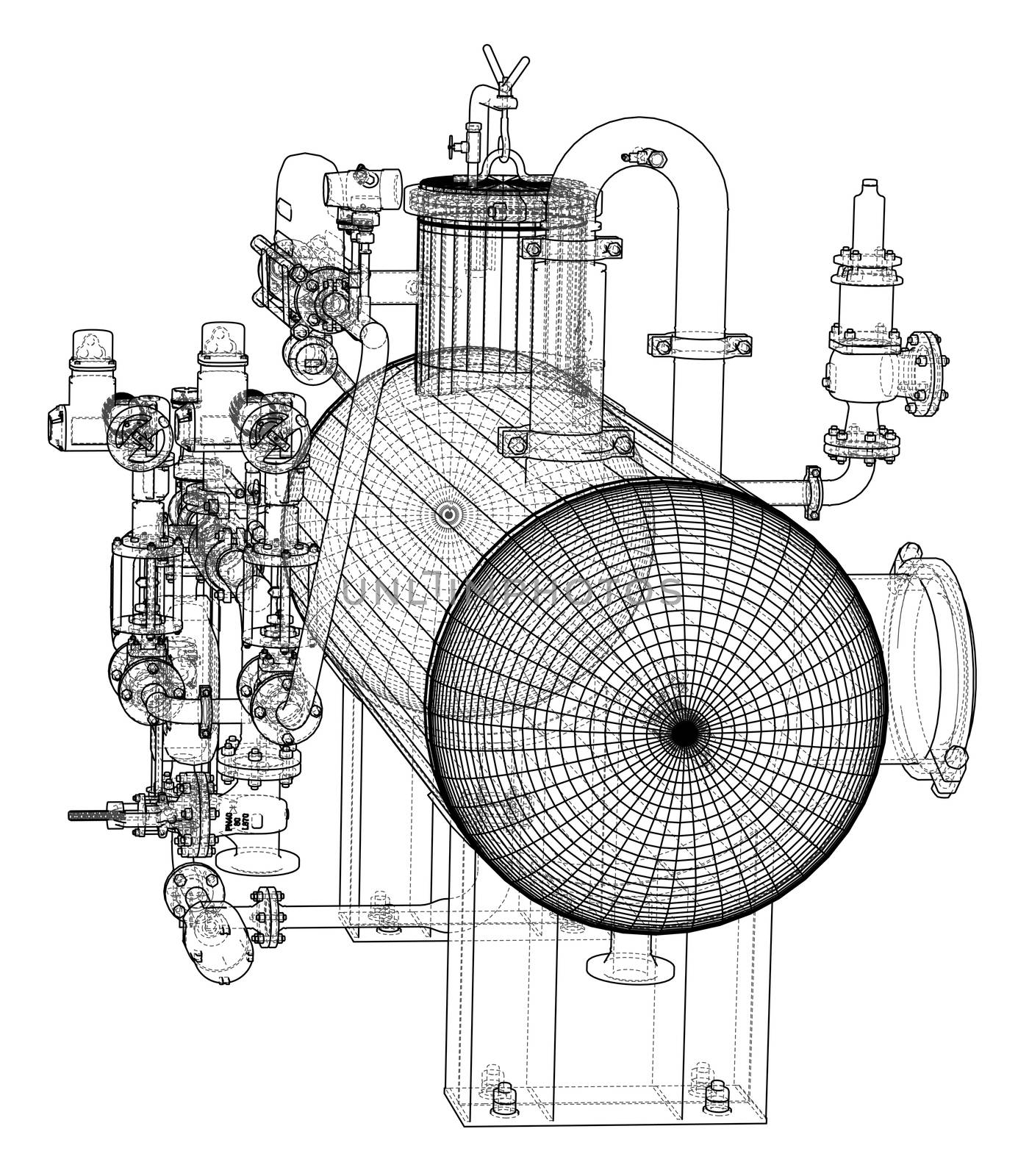 Sketch or blueprint industrial equipment. 3d illustration