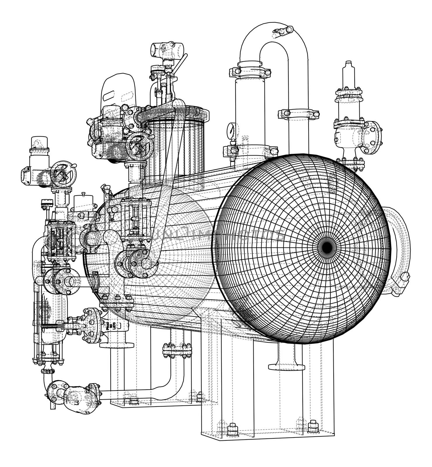 Sketch or blueprint industrial equipment. 3d illustration