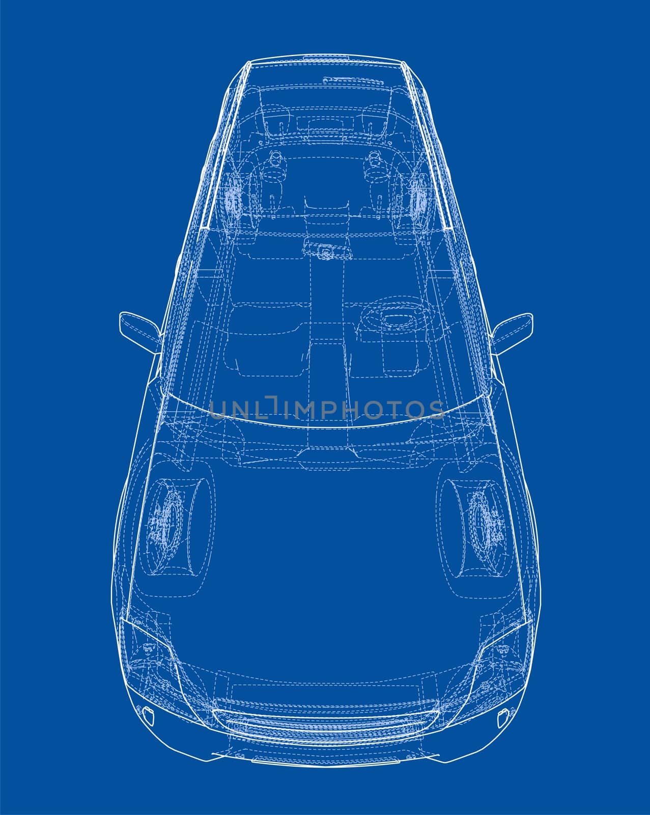 Concept car blueprint. 3d illustration. Wire-frame style