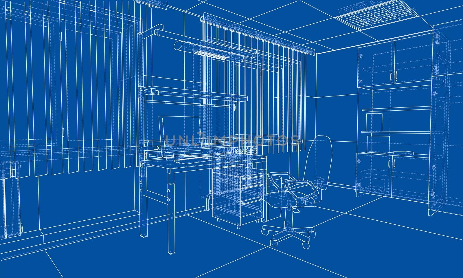 Interior sketch or blueprint. 3d illustration. Wire-frame style