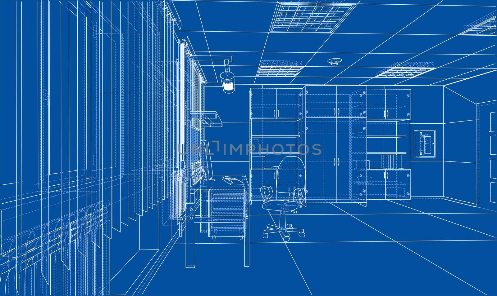 Interior sketch or blueprint. 3d illustration. Wire-frame style