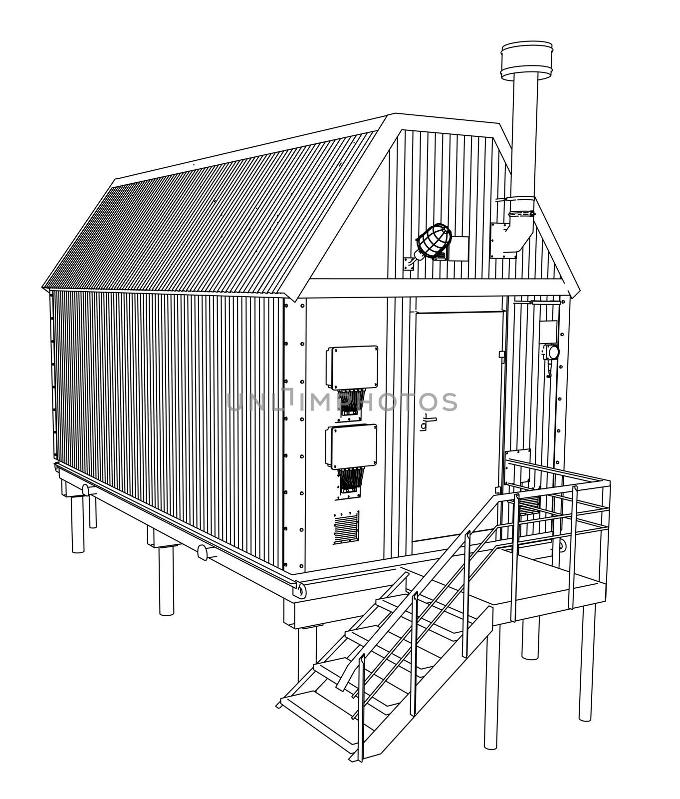 Wire-frame industrial building. 3d illustration. Wire-frame style