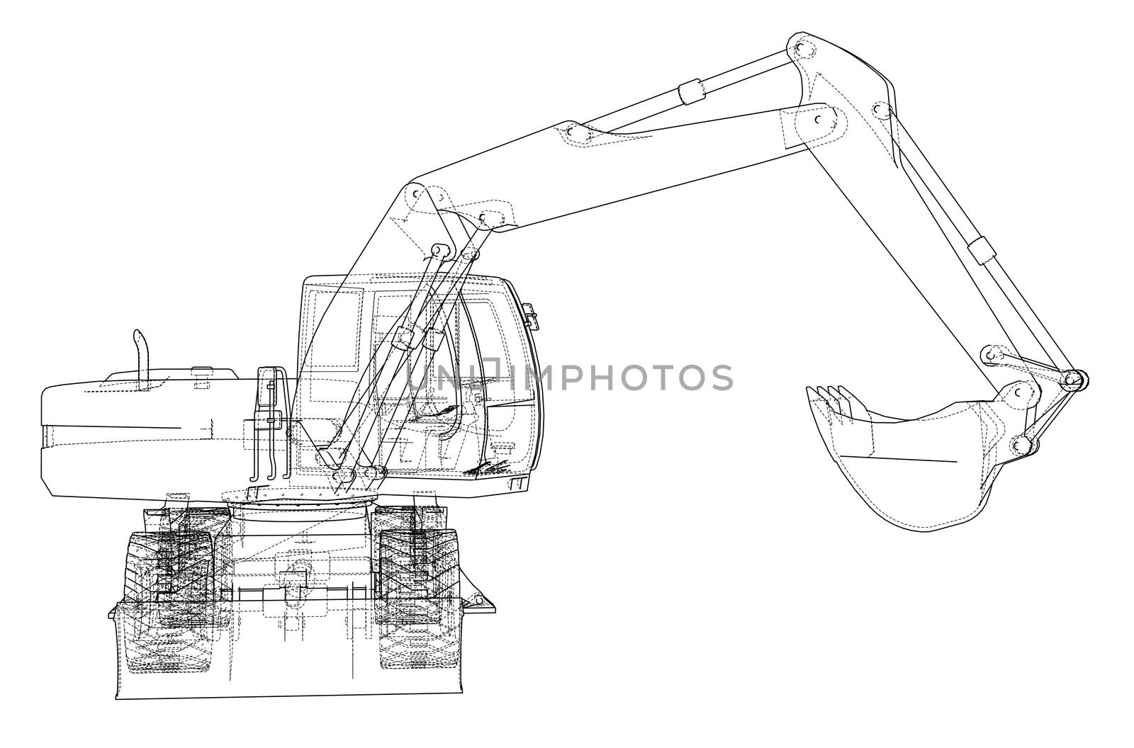 Outline of excavator isolated on background. 3d illustration