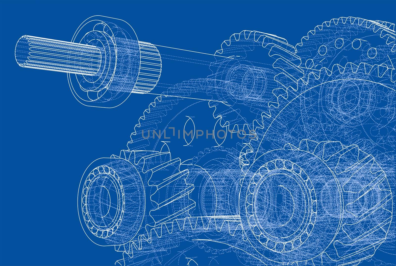 Gearbox sketch or blueprint. 3d illustration. Wire-frame style