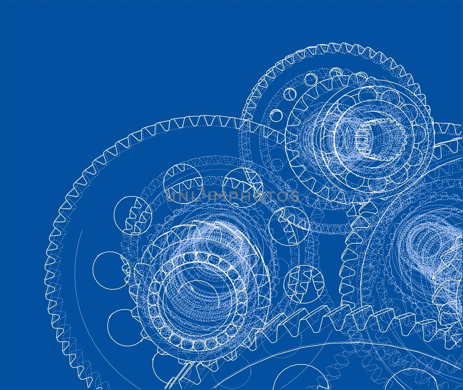 Gearbox sketch or blueprint. 3d illustration. Wire-frame style