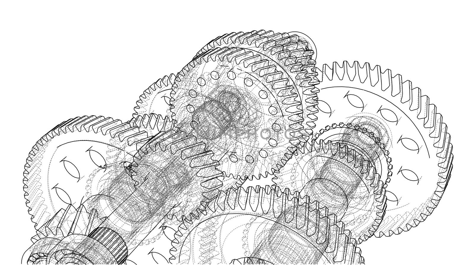 Gearbox sketch or blueprint. 3d illustration. Wire-frame style