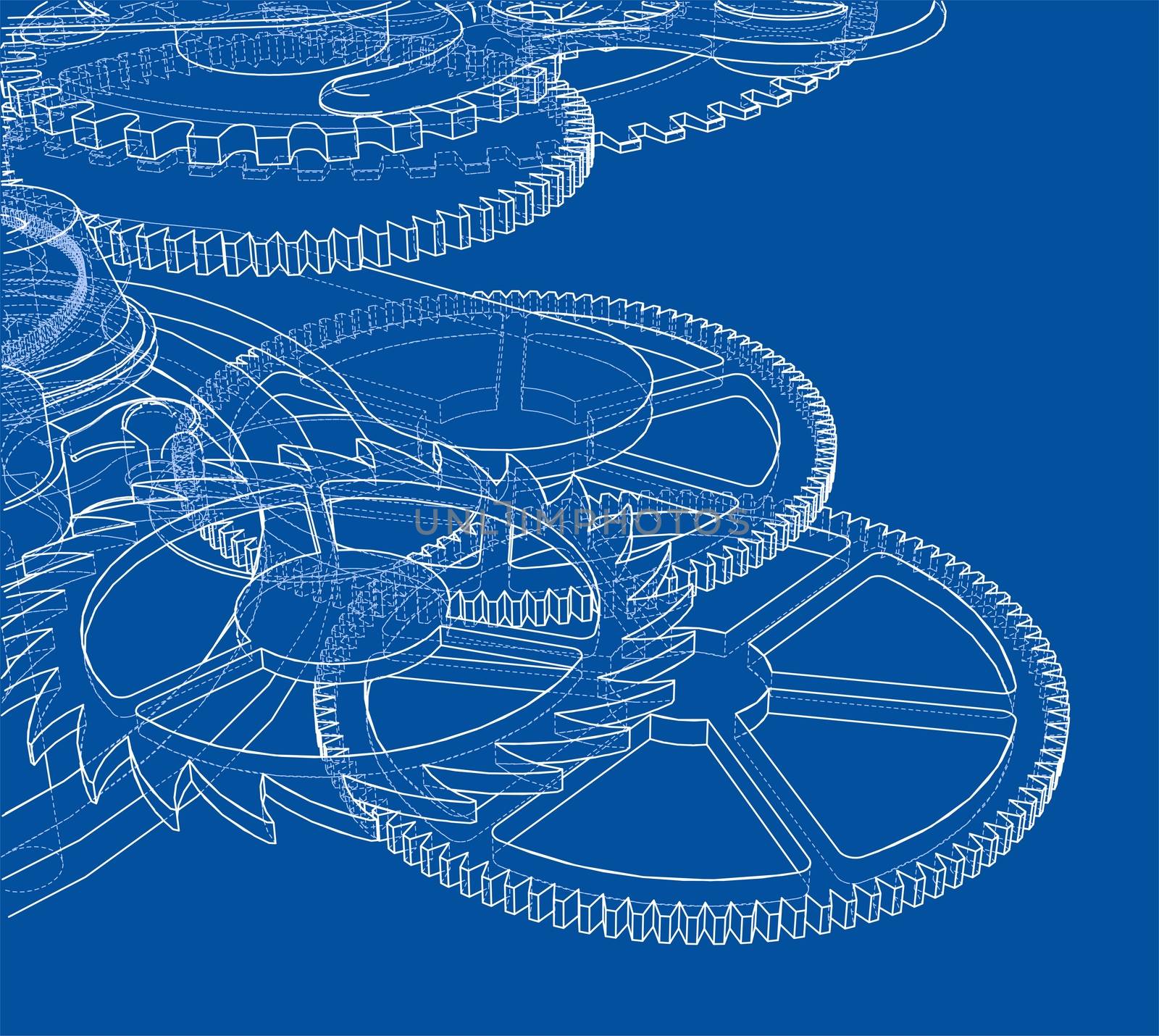 Cogs and Gears of Clock. 3d illustration. Wire-frame style