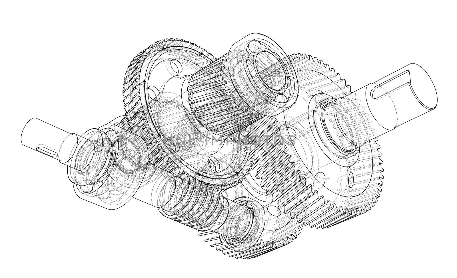 Gearbox sketch. 3d illustration by cherezoff