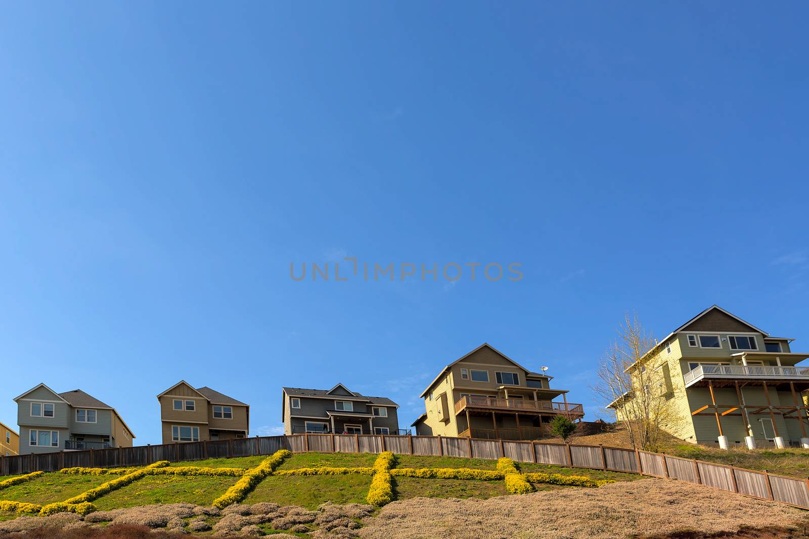 Single Family Homes on stilts along hillside in North American suburban neighborhood