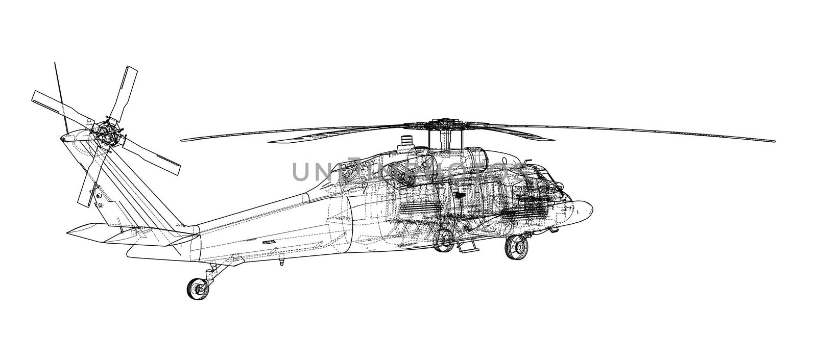 Helicopter sketch or blueprint. Military equipment. 3d illustration