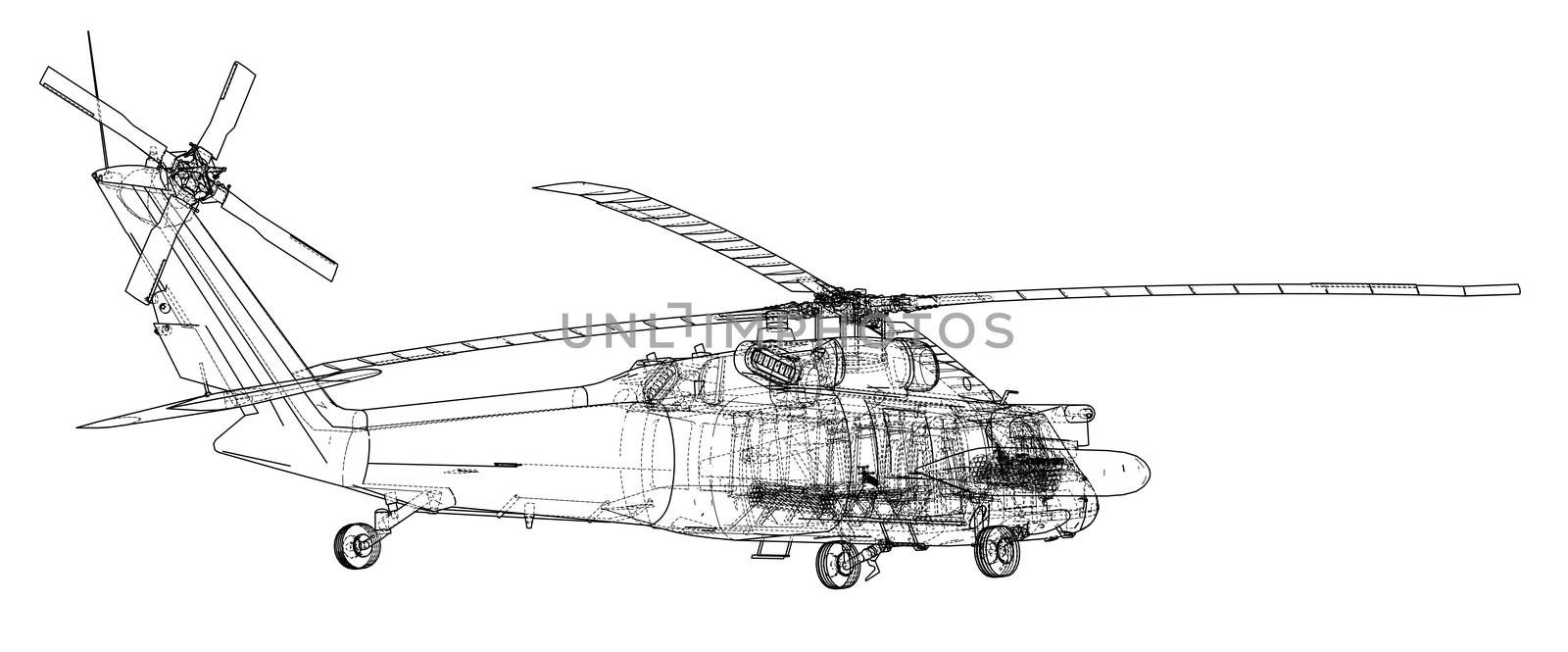 Helicopter sketch or blueprint. Military equipment. 3d illustration