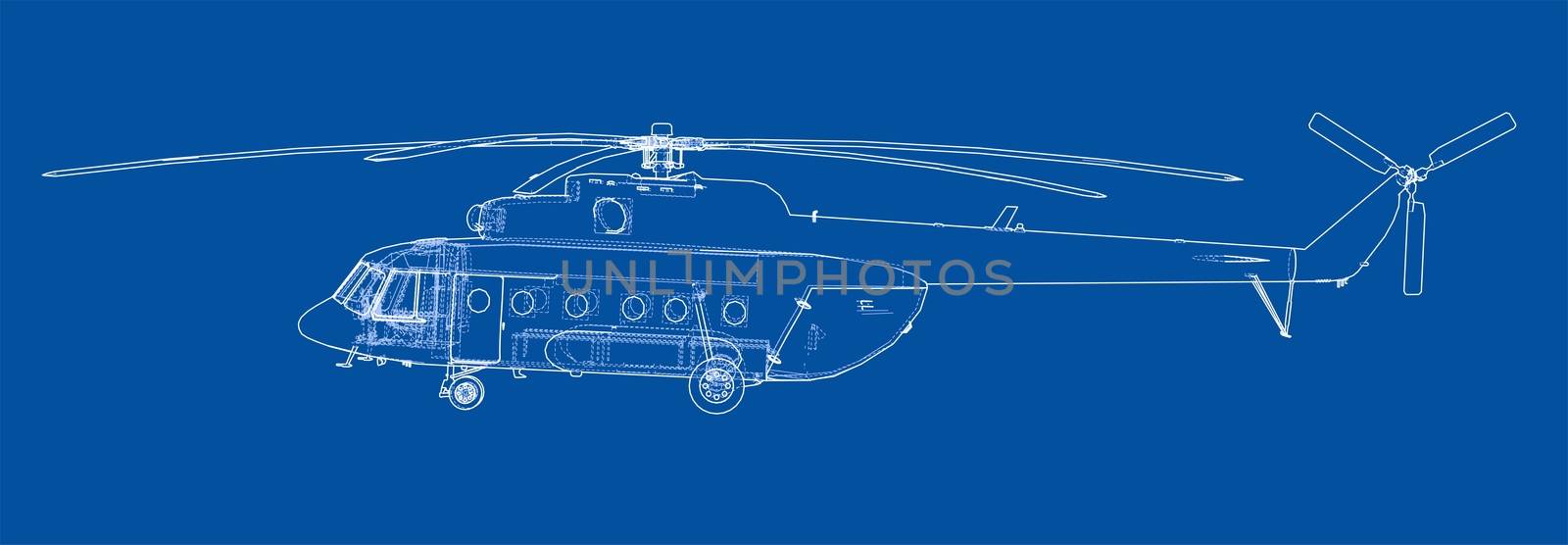 Engineering drawing or sketch of helicopter. 3d illustration