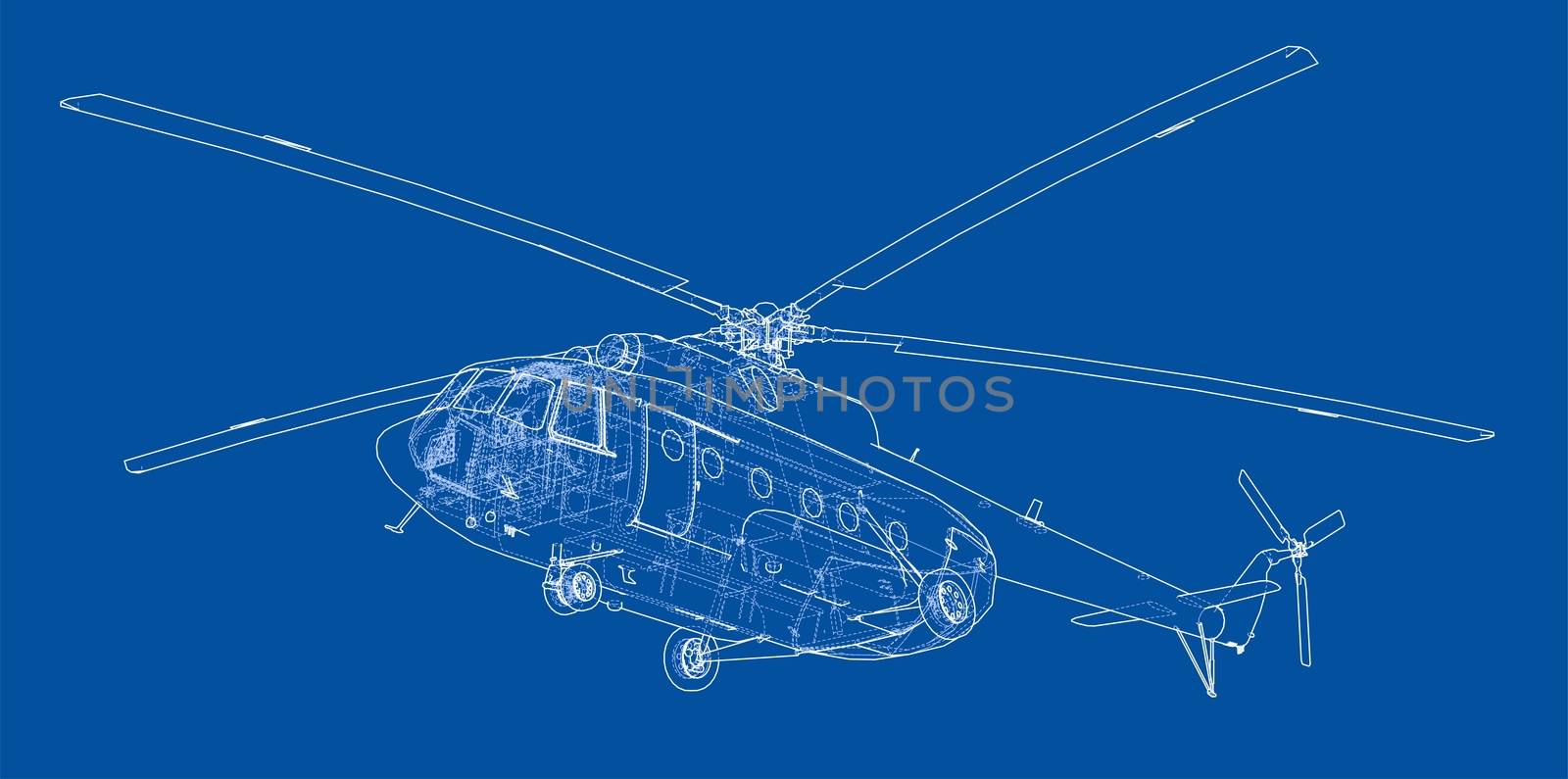 Engineering drawing or sketch of helicopter. 3d illustration